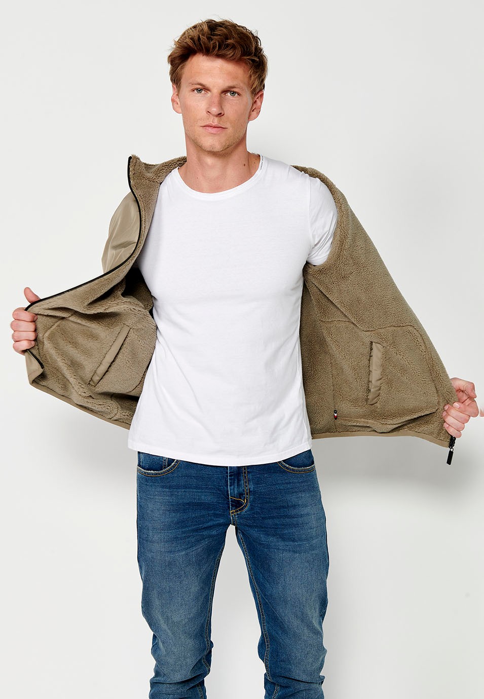 Reversible Faux Fur Bomber Jacket with Front Zip Closure and Stand-Up Collar with Pockets in Mink for Men