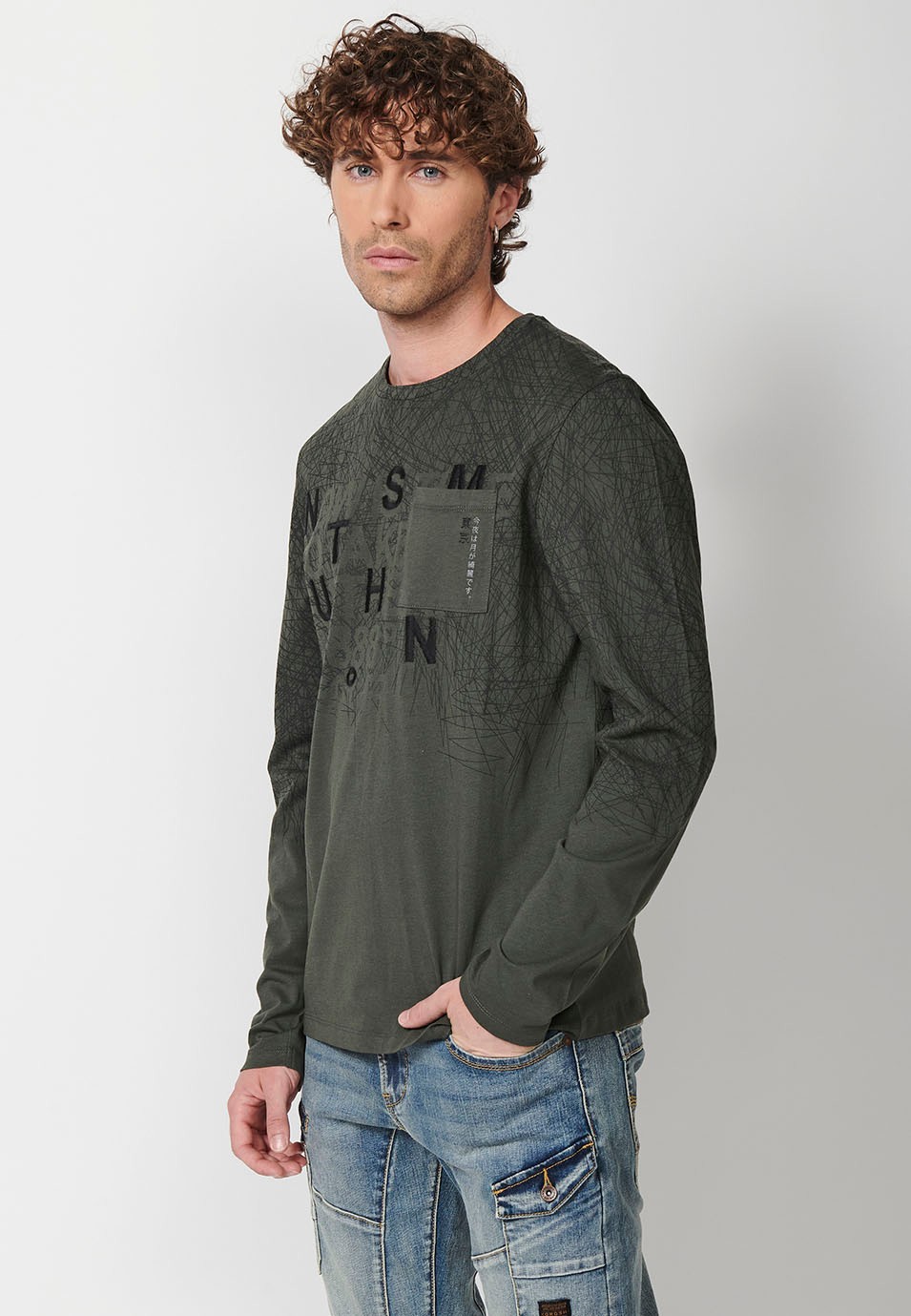 Camiseta de manga larga de Algodón con Cuello redondo con abertura y Detalle delantero de color Kaki para Hombre