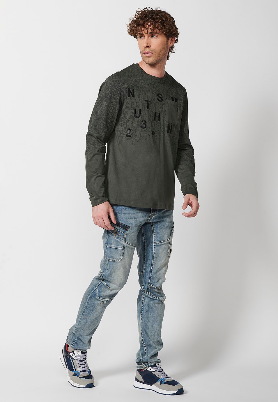 Camiseta de manga larga de Algodón con Cuello redondo con abertura y Detalle delantero de color Kaki para Hombre