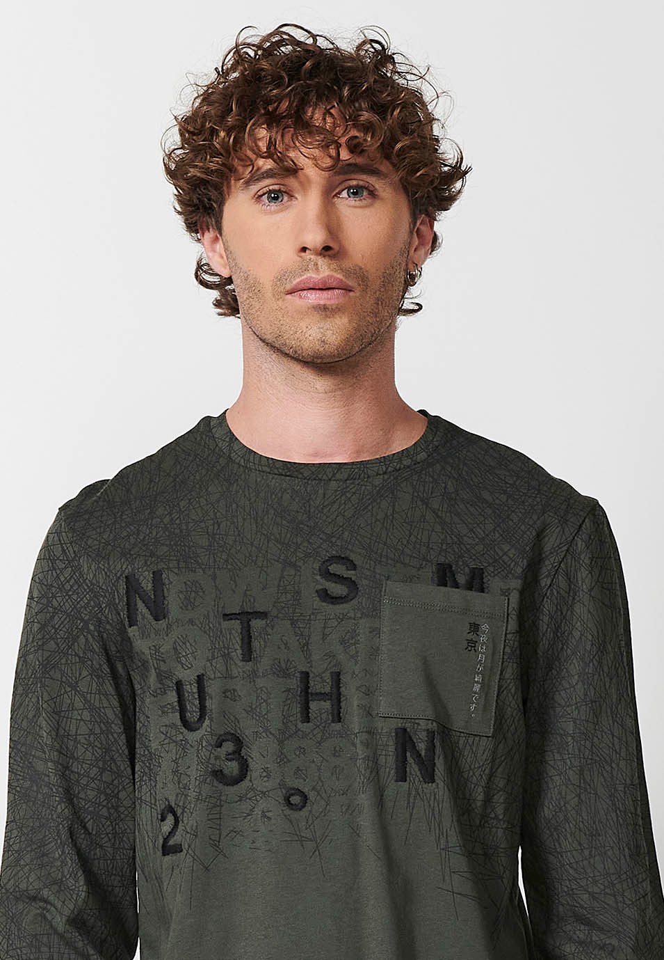Camiseta de manga larga de Algodón con Cuello redondo con abertura y Detalle delantero de color Kaki para Hombre