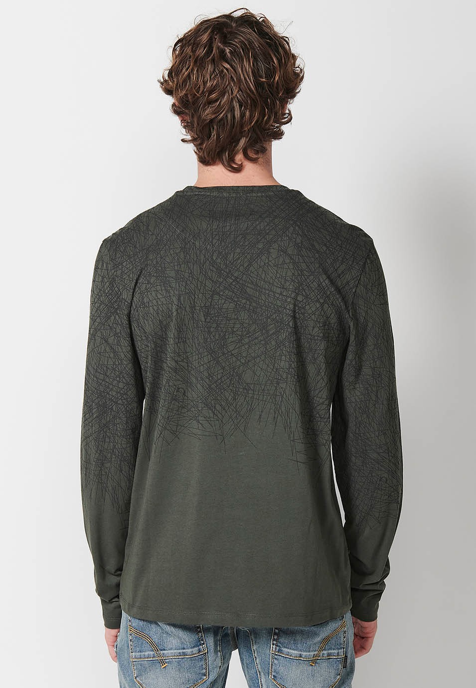 Camiseta de manga larga de Algodón con Cuello redondo con abertura y Detalle delantero de color Kaki para Hombre