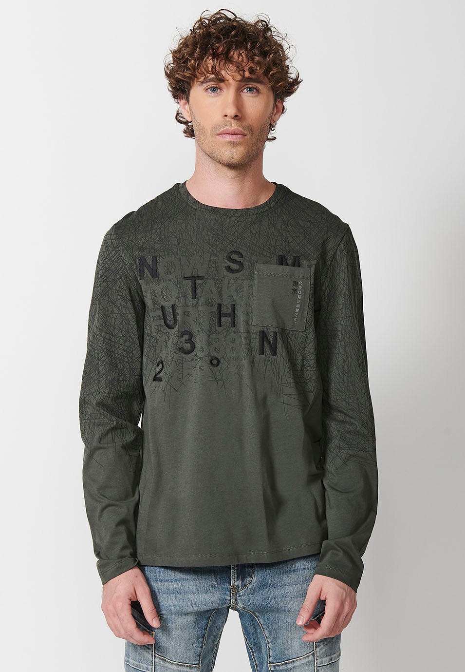 Camiseta de manga larga de Algodón con Cuello redondo con abertura y Detalle delantero de color Kaki para Hombre