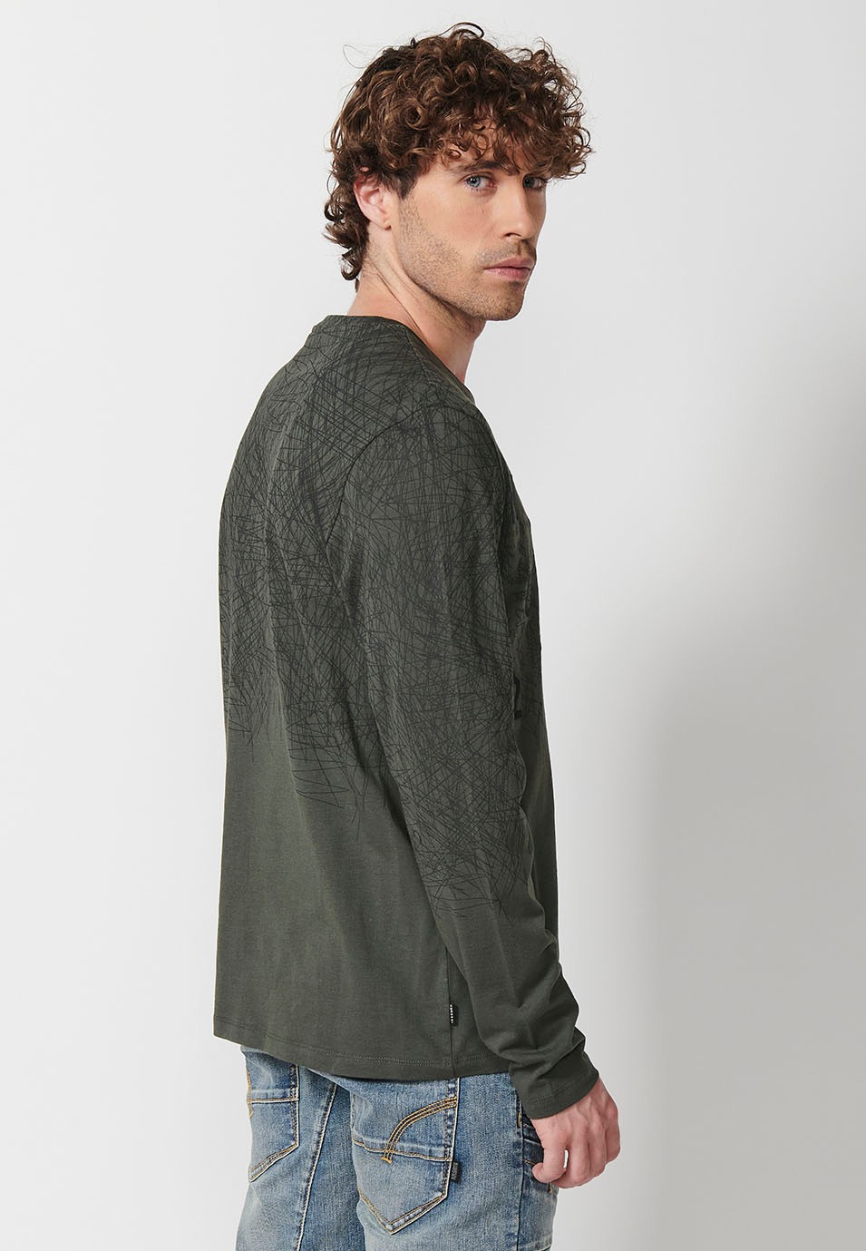 Camiseta de manga larga de Algodón con Cuello redondo con abertura y Detalle delantero de color Kaki para Hombre