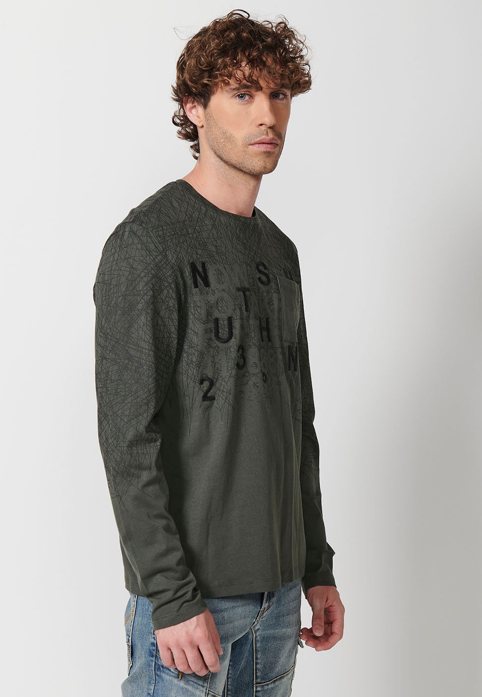 Camiseta de manga larga de Algodón con Cuello redondo con abertura y Detalle delantero de color Kaki para Hombre
