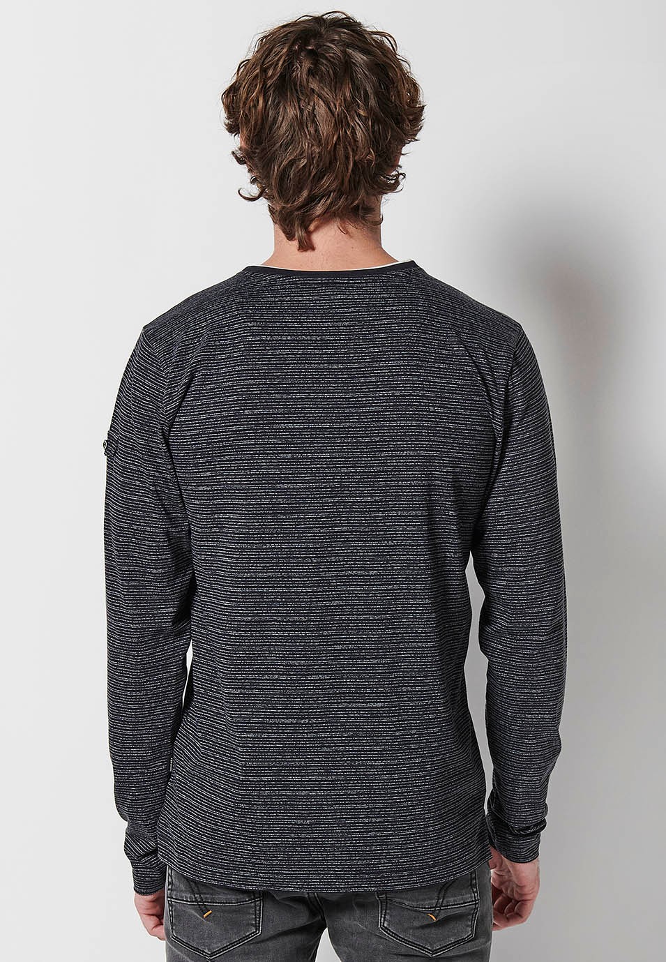Men's Black Crew Neck Long Sleeve T-Shirt with Slit and Front Print
