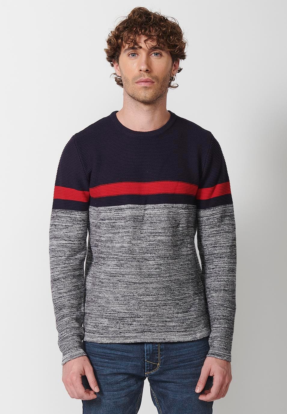 Jersey tricot de cuello redondo con franja en el pecho en tres colores para hombre de color navy 3