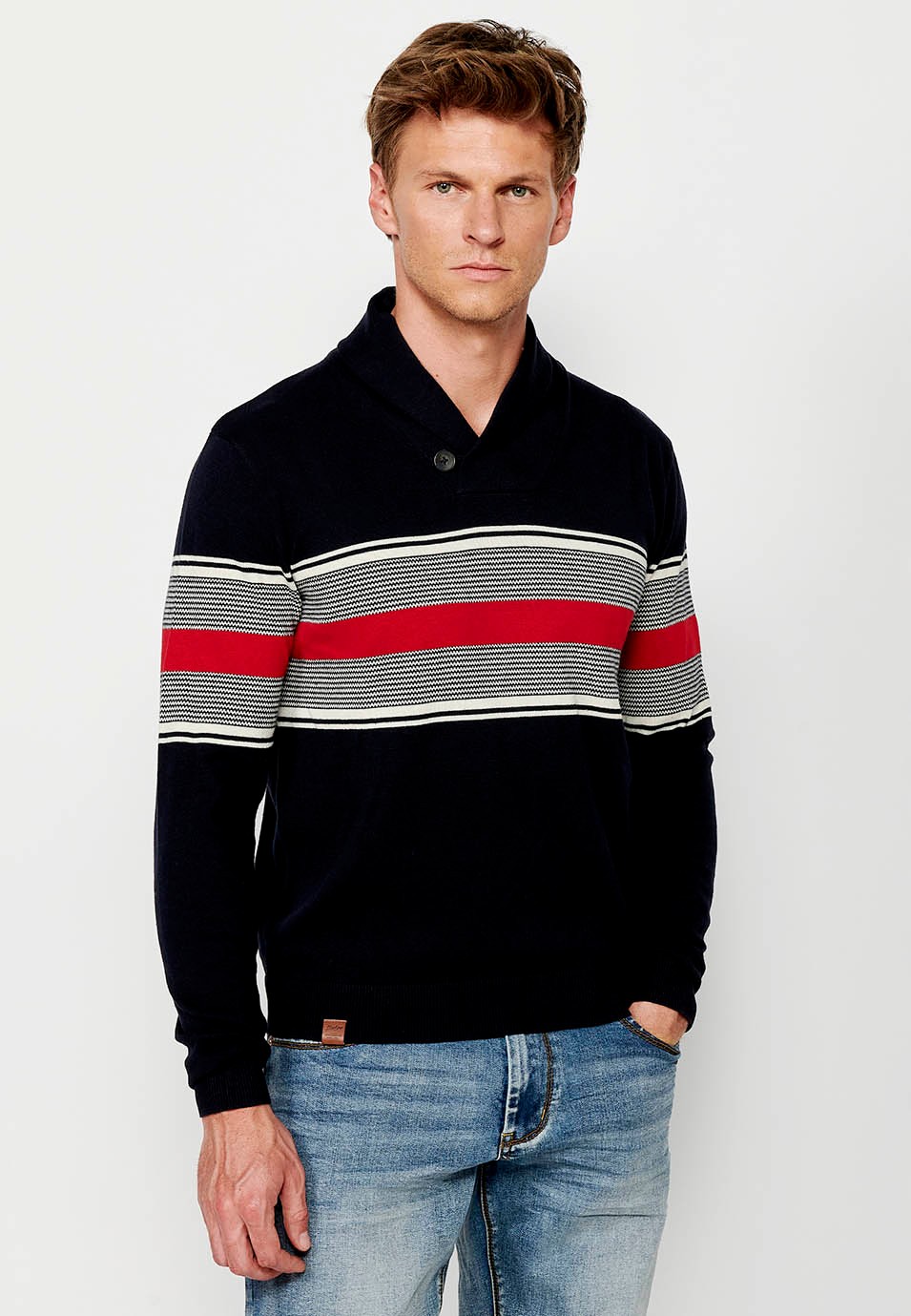 Feinstrickpullover aus Baumwolle mit gekreuztem Rollkragenpullover mit Knopfverschluss und marineblauen Streifen auf der Brust für Herren