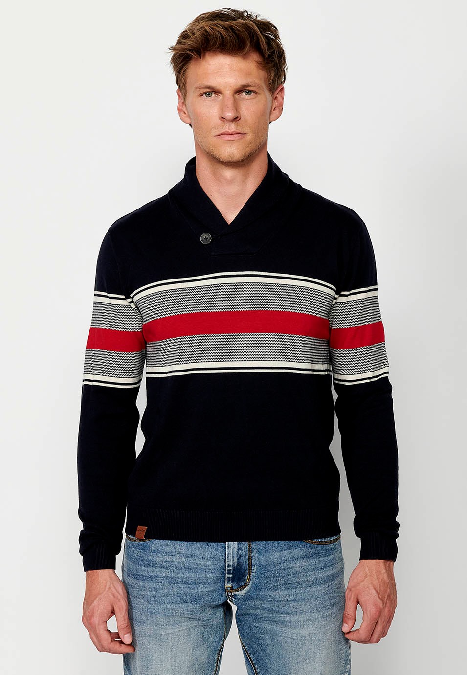 Feinstrickpullover aus Baumwolle mit gekreuztem Rollkragenpullover mit Knopfverschluss und marineblauen Streifen auf der Brust für Herren