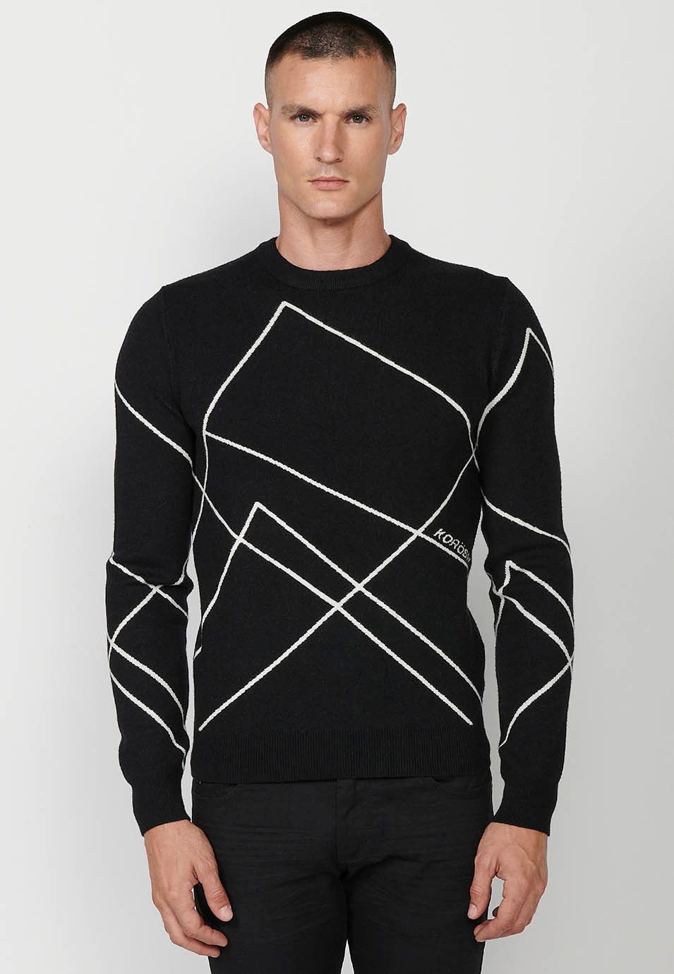 Feiner Trikotpullover mit geometrischen Figuren und Rundhalsausschnitt für Herren in Schwarz