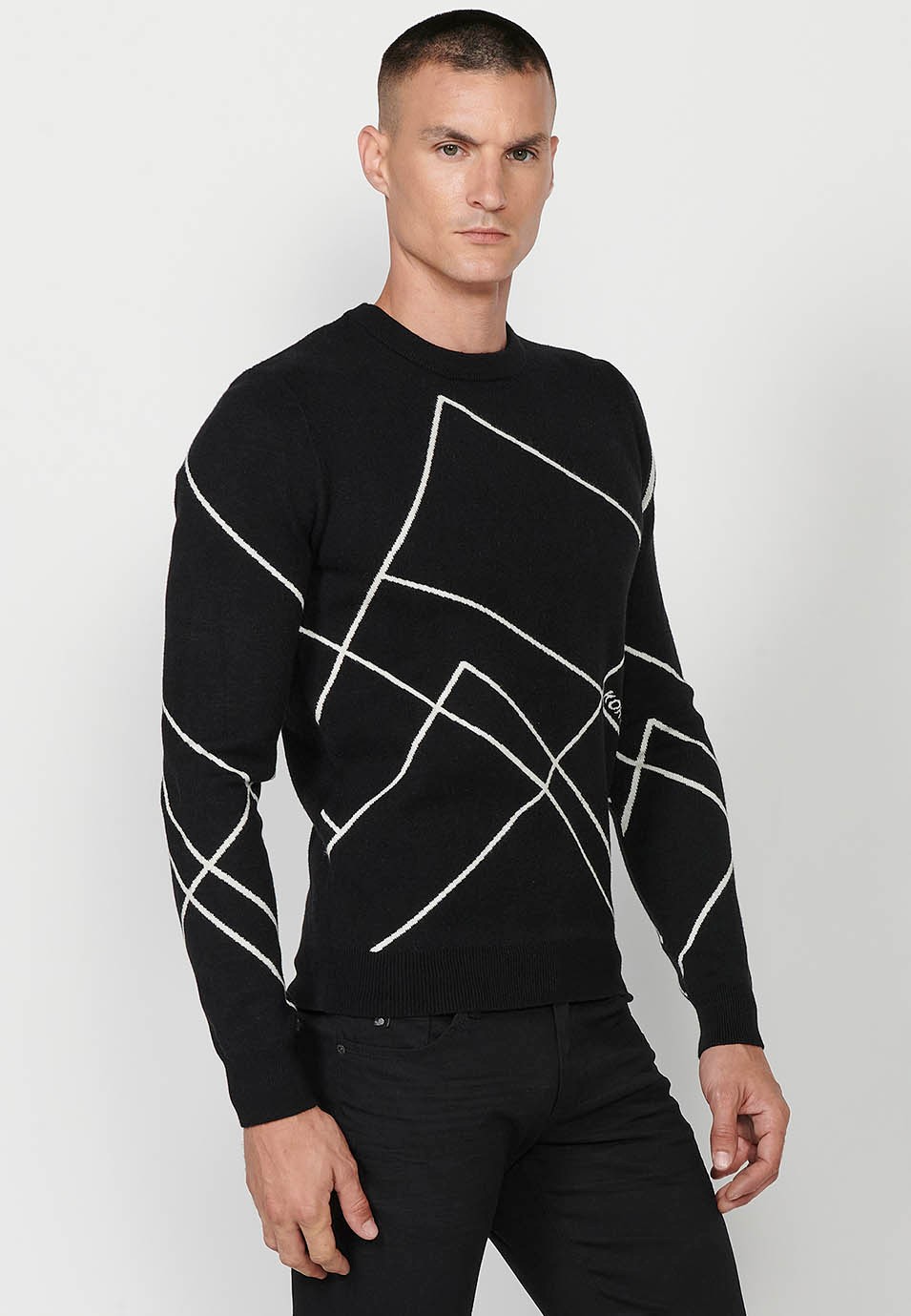 Feiner Trikotpullover mit geometrischen Figuren und Rundhalsausschnitt für Herren in Schwarz