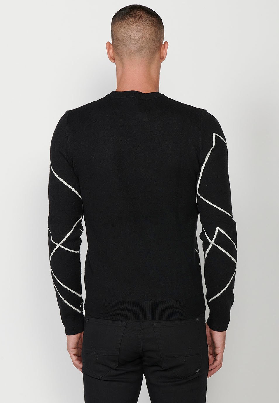 Feiner Trikotpullover mit geometrischen Figuren und Rundhalsausschnitt für Herren in Schwarz