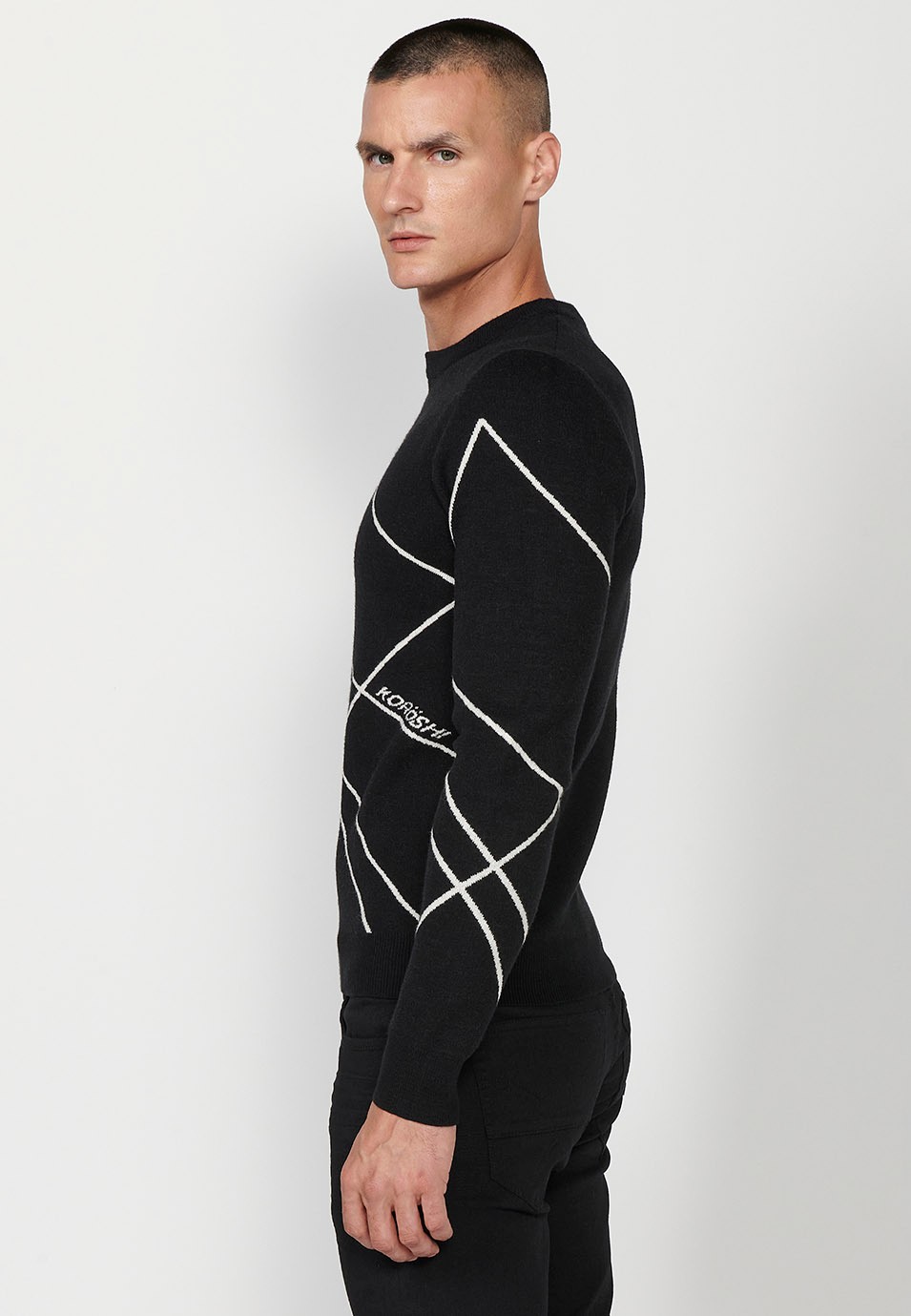 Feiner Trikotpullover mit geometrischen Figuren und Rundhalsausschnitt für Herren in Schwarz