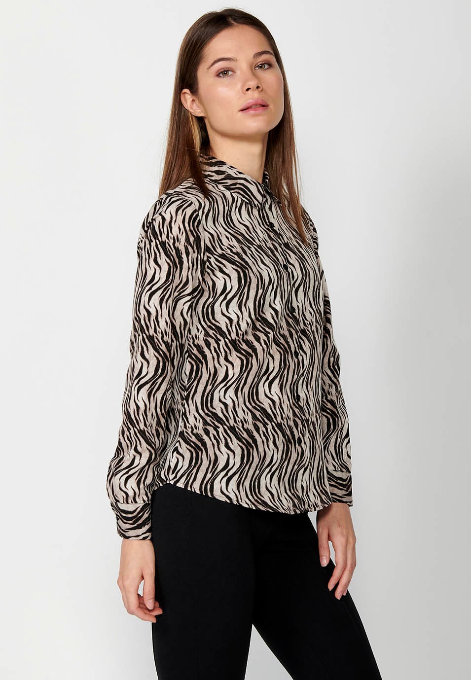 Blusa manga larga de cuello camisero y estampado cebra color Marrón para Mujer