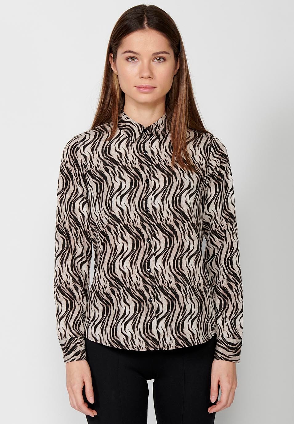 Blusa manga larga de cuello camisero y estampado cebra color Marrón para Mujer