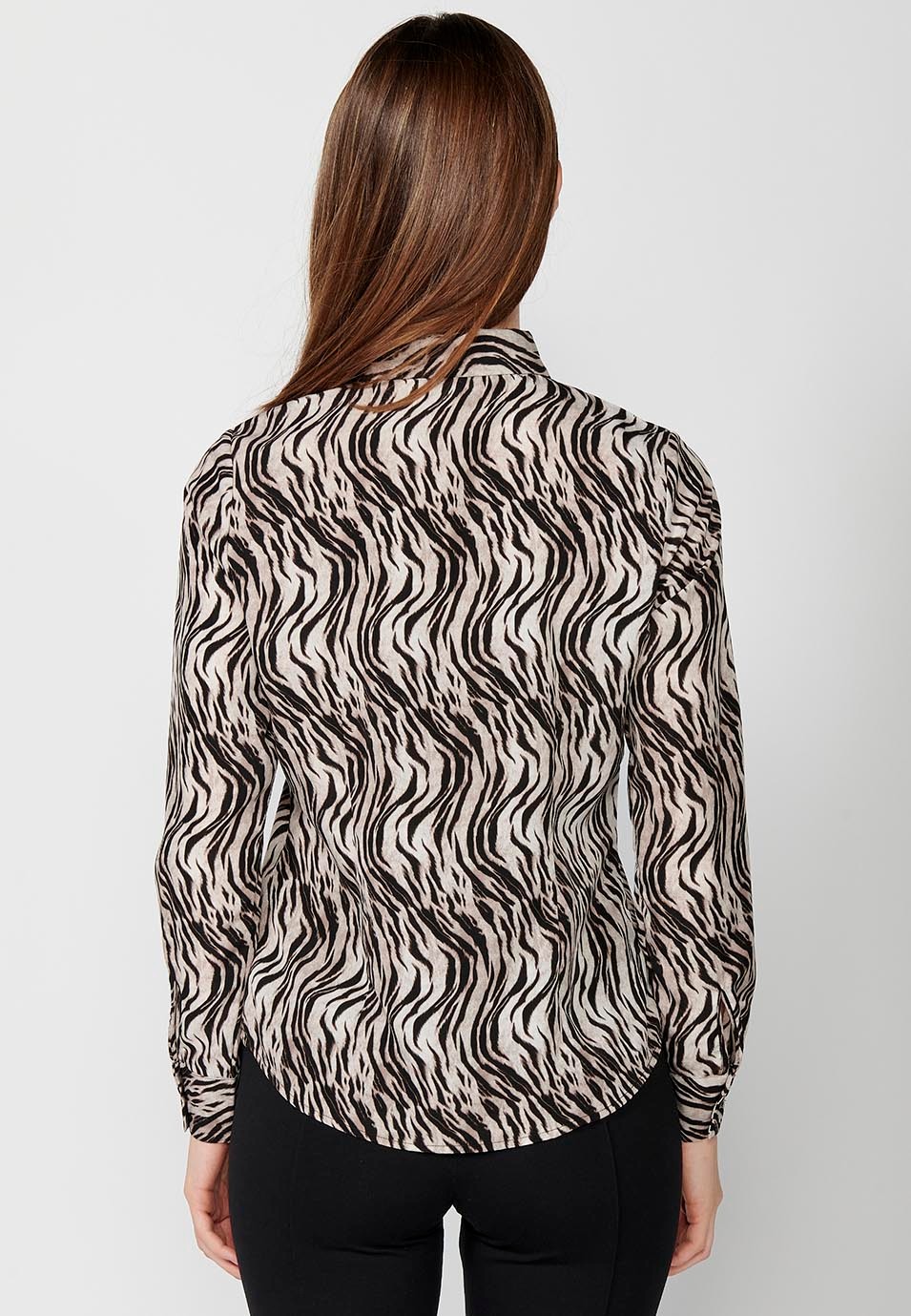 Blusa manga larga de cuello camisero y estampado cebra color Marrón para Mujer