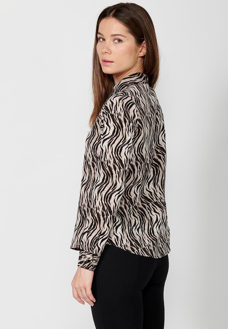 Blusa manga larga de cuello camisero y estampado cebra color Marrón para Mujer
