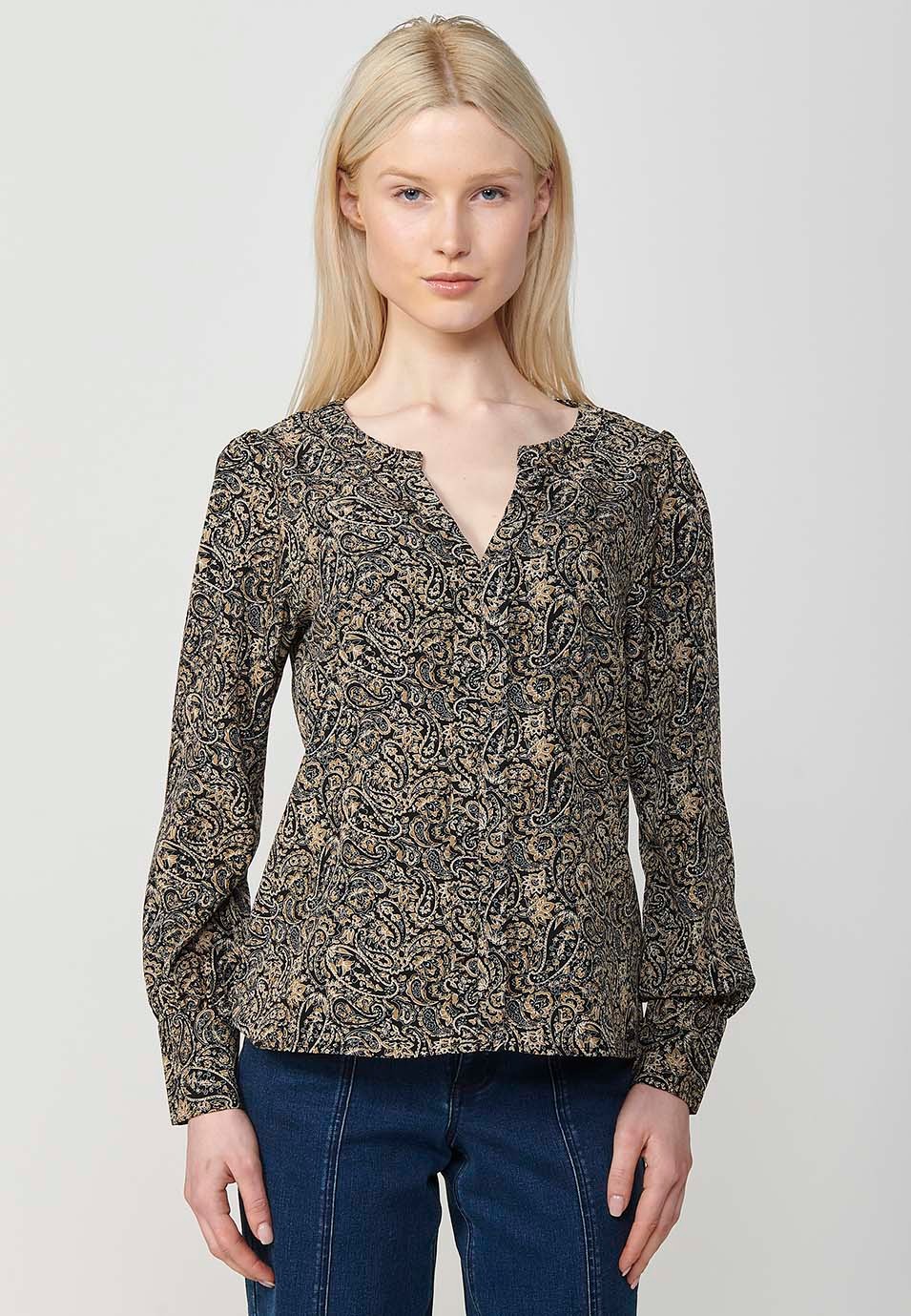 Long sleeve V-neck paisley print blouse in black for women