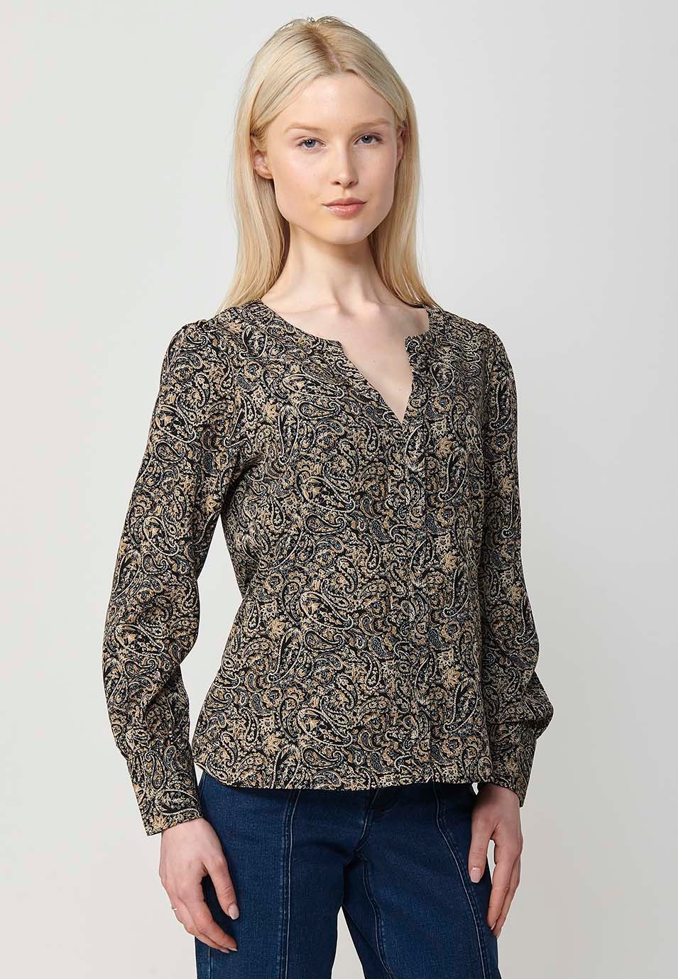 Long sleeve V-neck paisley print blouse in black for women