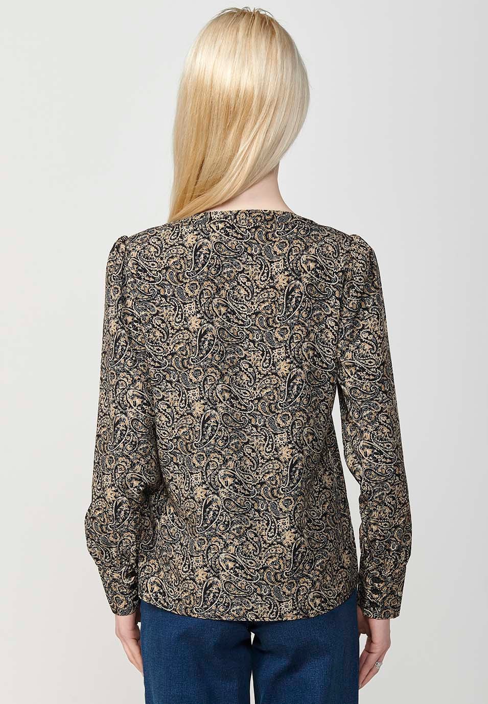 Long sleeve V-neck paisley print blouse in black for women
