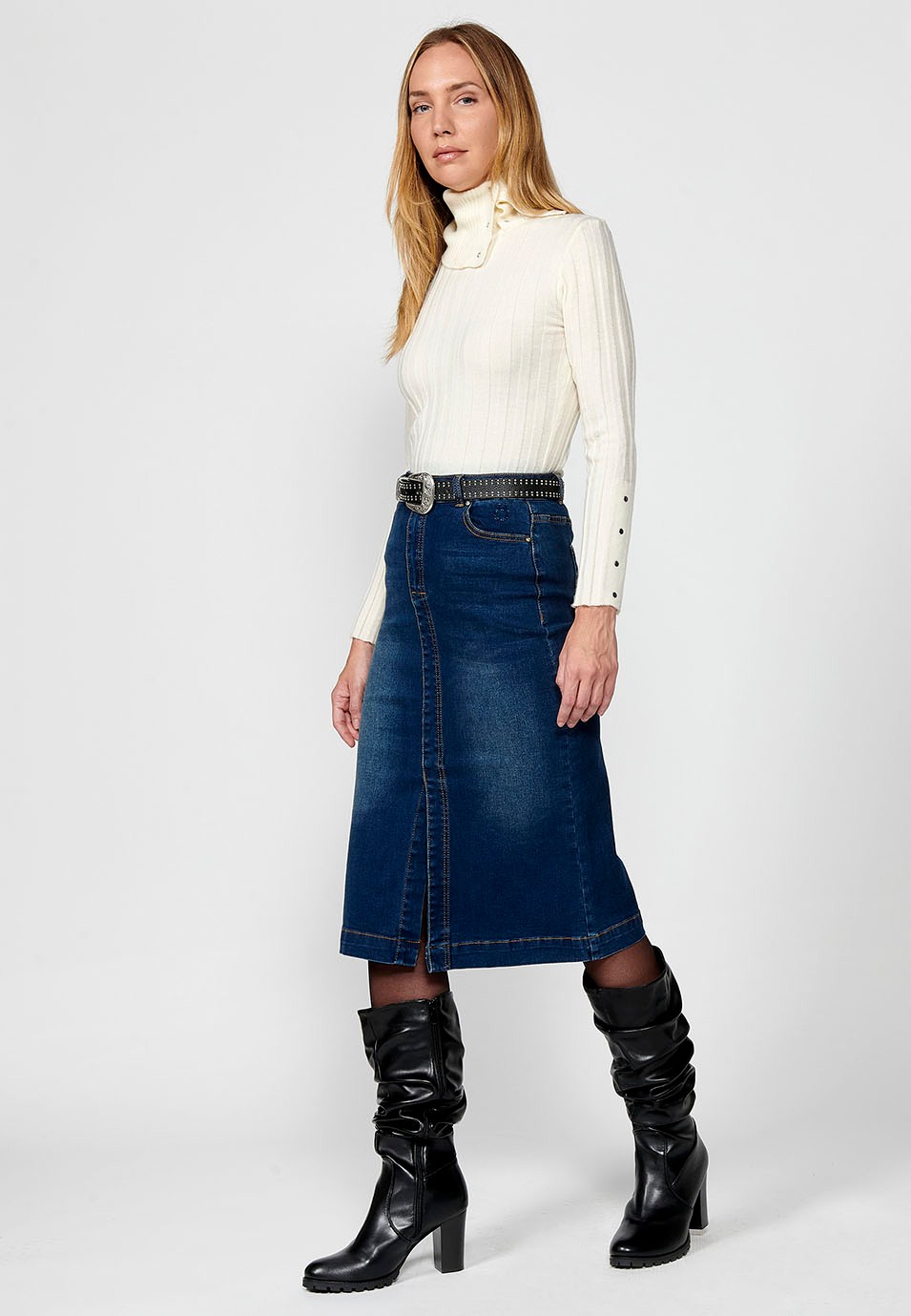 Women's Blue Denim Long Skirt with Front Slit and Front Zip and Button Closure