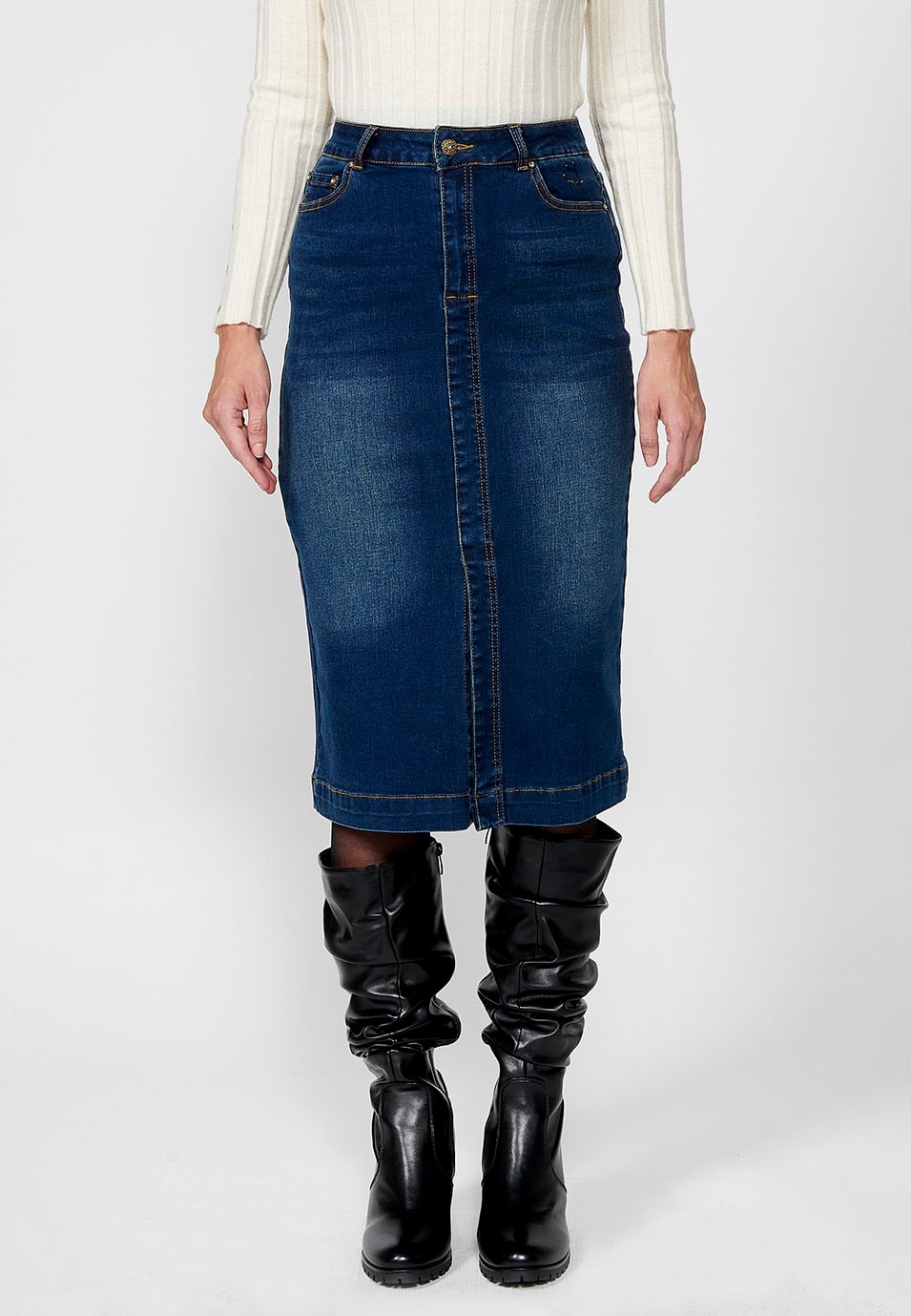 Women's Blue Denim Long Skirt with Front Slit and Front Zip and Button Closure