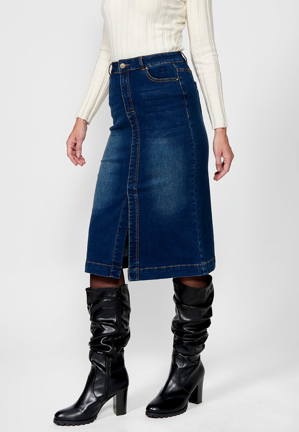 Women's Blue Denim Long Skirt with Front Slit and Front Zip and Button Closure