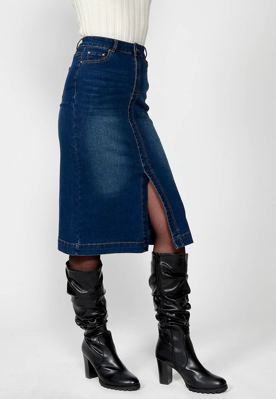 Women's Blue Denim Long Skirt with Front Slit and Front Zip and Button Closure