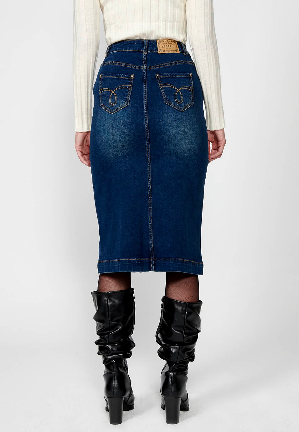 Women's Blue Denim Long Skirt with Front Slit and Front Zip and Button Closure