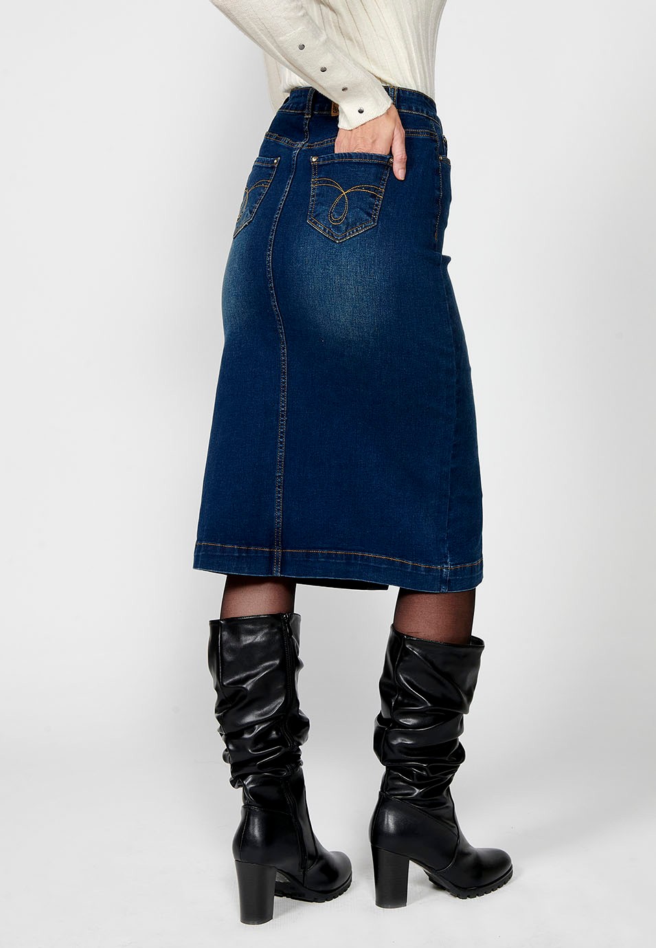 Women's Blue Denim Long Skirt with Front Slit and Front Zip and Button Closure