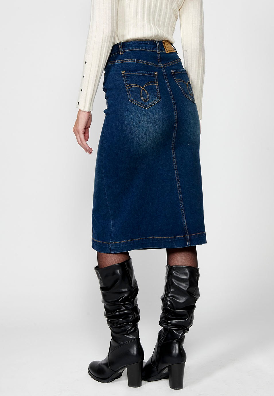 Women's Blue Denim Long Skirt with Front Slit and Front Zip and Button Closure