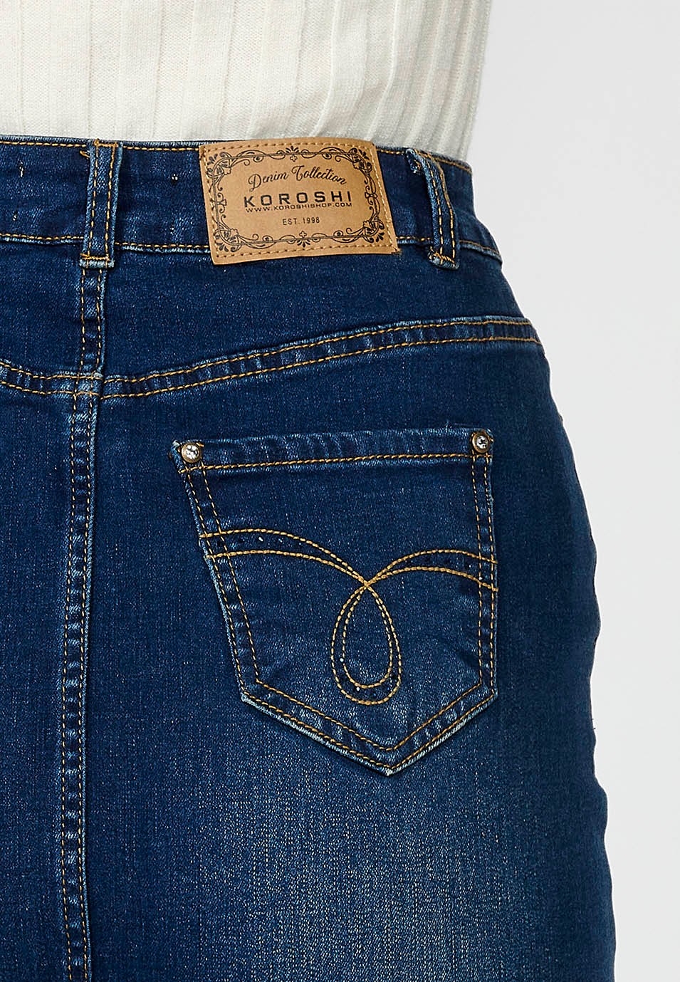 Women's Blue Denim Long Skirt with Front Slit and Front Zip and Button Closure