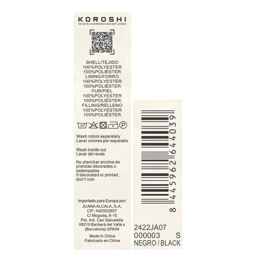 Parka acolchada corta con cuello alto y cierre delantero con cremallera y bolsillos de color negro para mujer