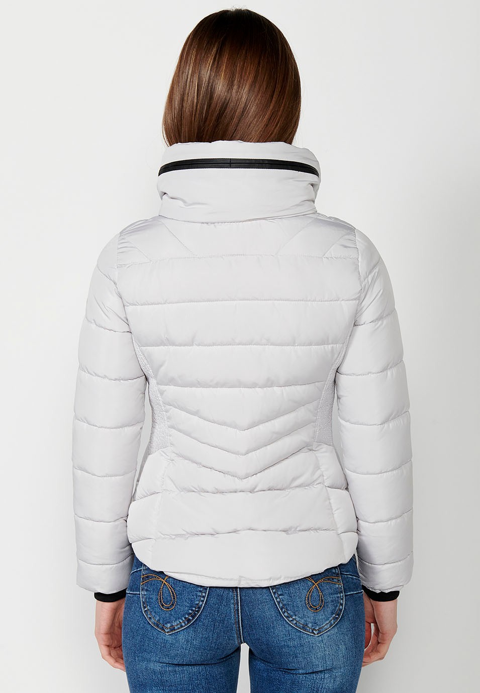 Abrigo Parka acolchada corta de Cuello alto con Cierre delantero con cremallera y Bolsillos de color Gris para Mujer