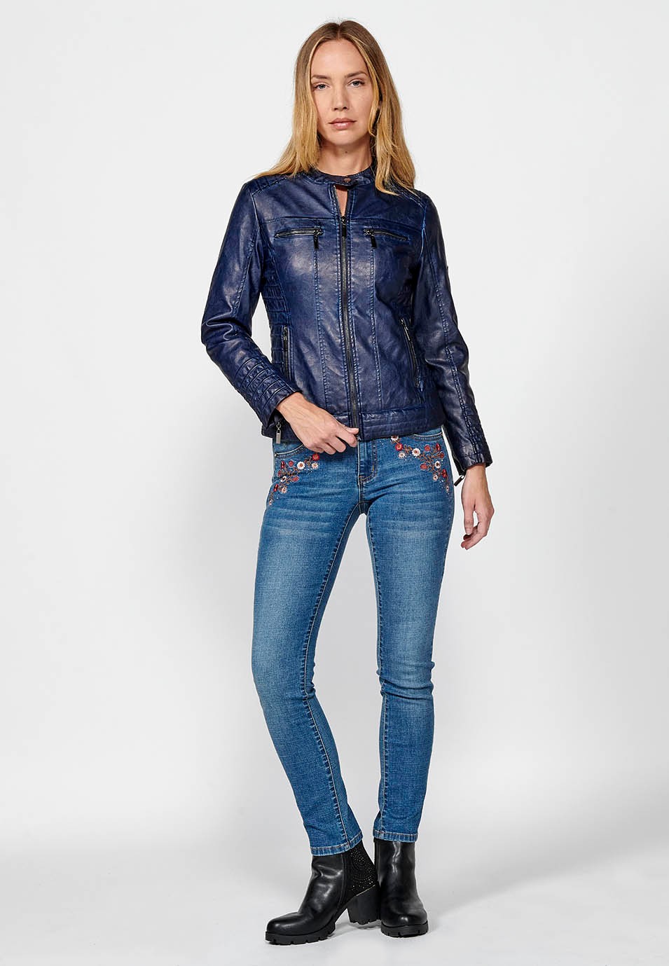 Blouson style motard bleu en simili cuir effet lavé doublé de fourrure synthétique pour Femme