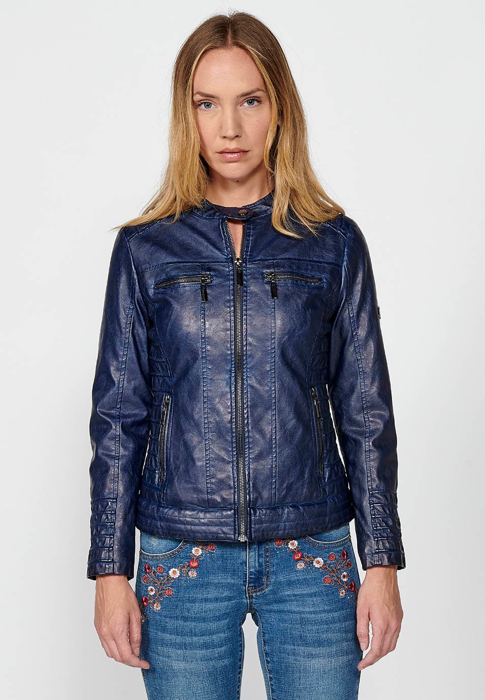 Blouson style motard bleu en simili cuir effet lavé doublé de fourrure synthétique pour Femme