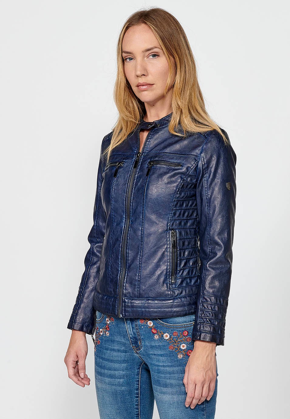 Blouson style motard bleu en simili cuir effet lavé doublé de fourrure synthétique pour Femme