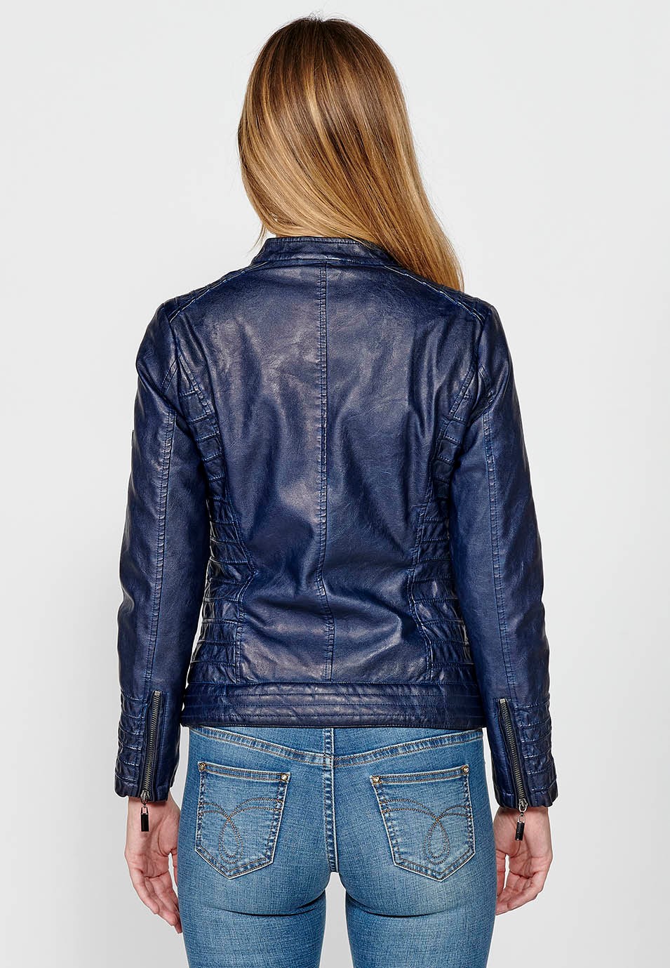 Blouson style motard bleu en simili cuir effet lavé doublé de fourrure synthétique pour Femme