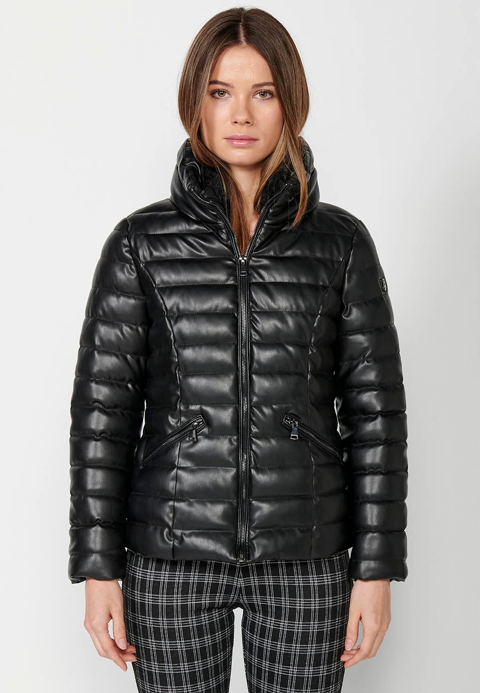 Short padded faux leather jacket with collar and black inner hood for women