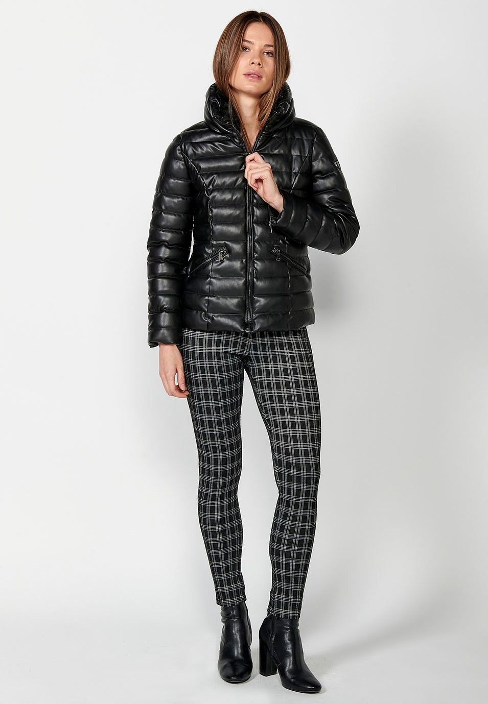 Short padded faux leather jacket with collar and black inner hood for women