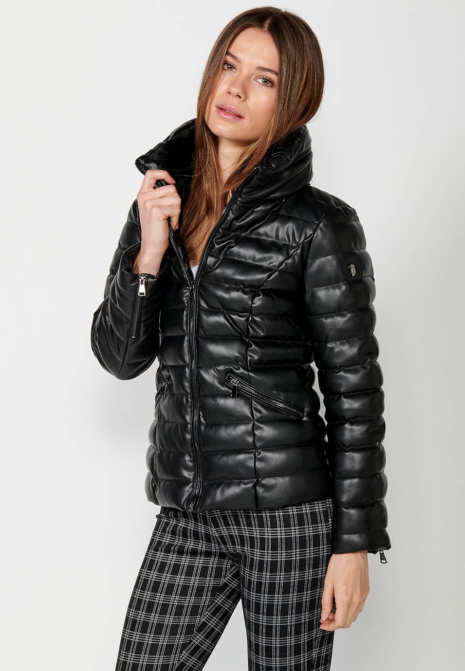 Short padded faux leather jacket with collar and black inner hood for women