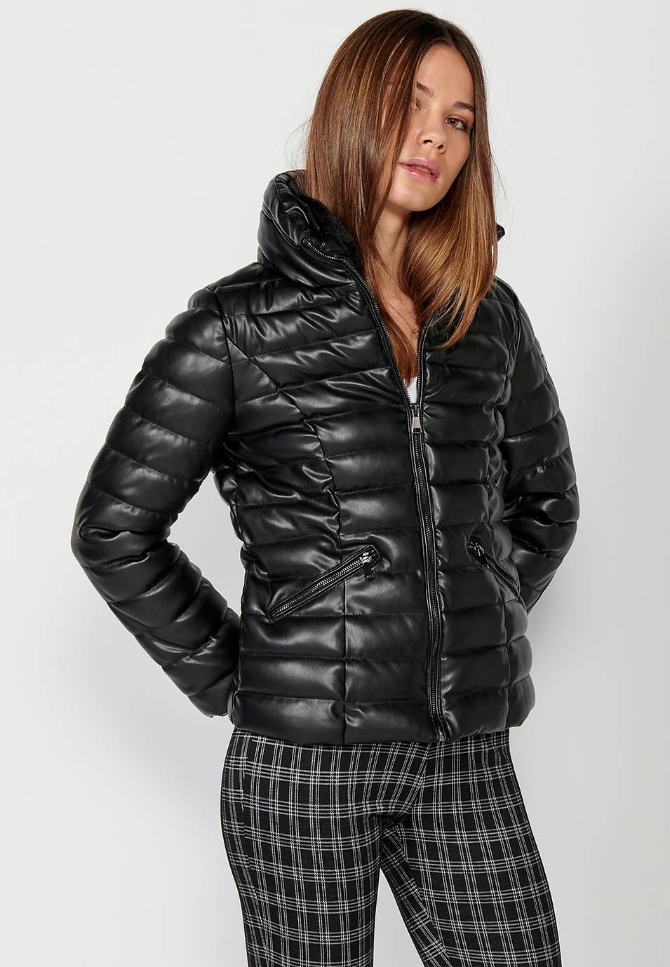 Short padded faux leather jacket with collar and black inner hood for women