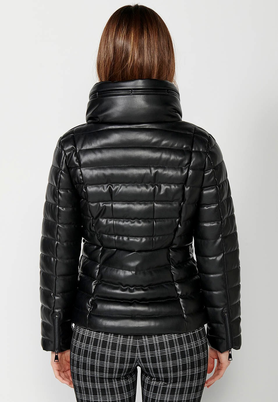 Short padded faux leather jacket with collar and black inner hood for women