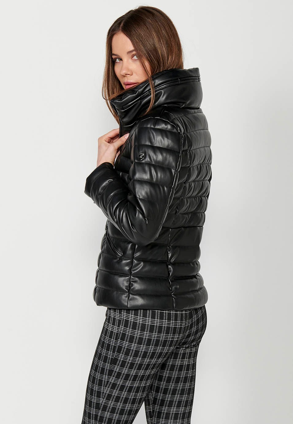 Short padded faux leather jacket with collar and black inner hood for women