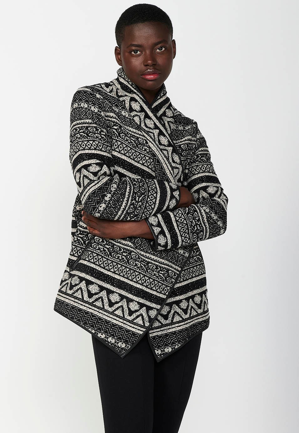 Cascade jacket, jacquard fabric with side pockets and faux leather details in Black for Women