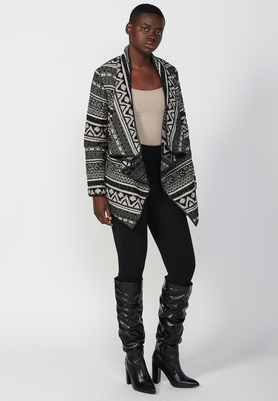 Cascade jacket, jacquard fabric with side pockets and faux leather details in Black for Women