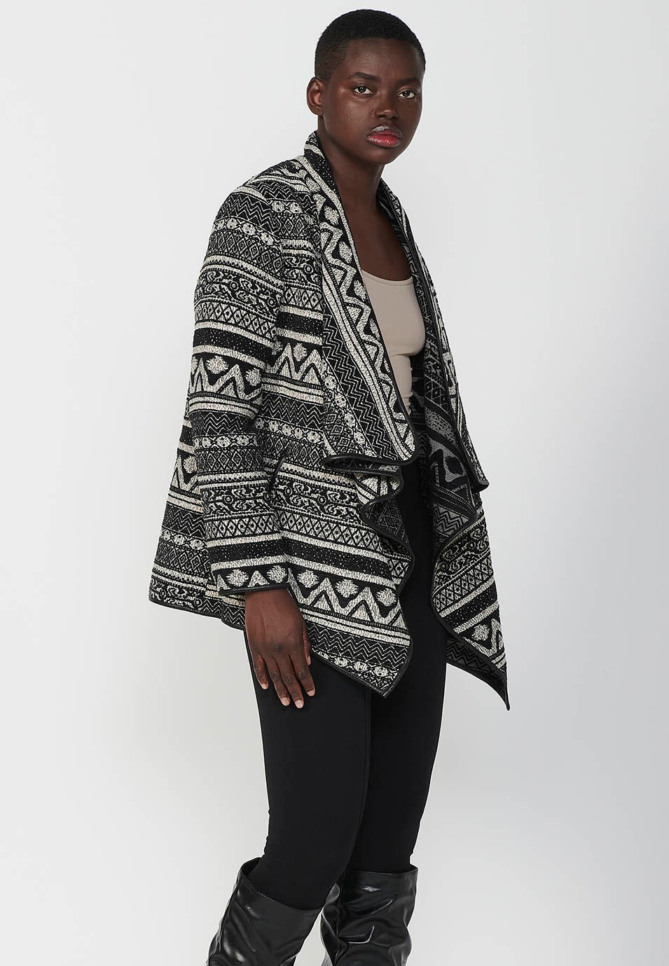 Cascade jacket, jacquard fabric with side pockets and faux leather details in Black for Women