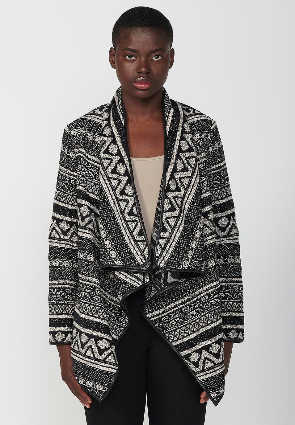 Cascade jacket, jacquard fabric with side pockets and faux leather details in Black for Women