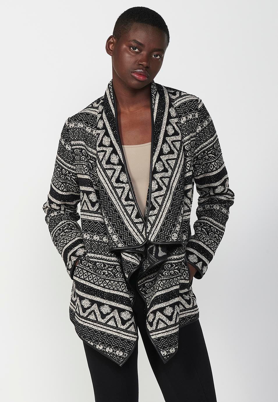 Cascade jacket, jacquard fabric with side pockets and faux leather details in Black for Women