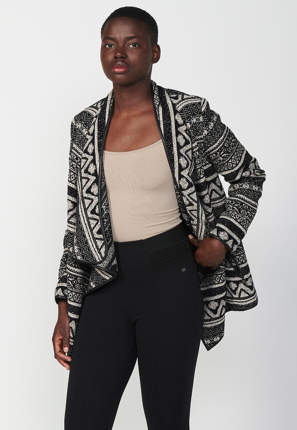 Cascade jacket, jacquard fabric with side pockets and faux leather details in Black for Women