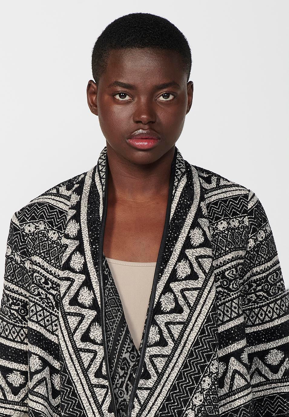 Cascade jacket, jacquard fabric with side pockets and faux leather details in Black for Women